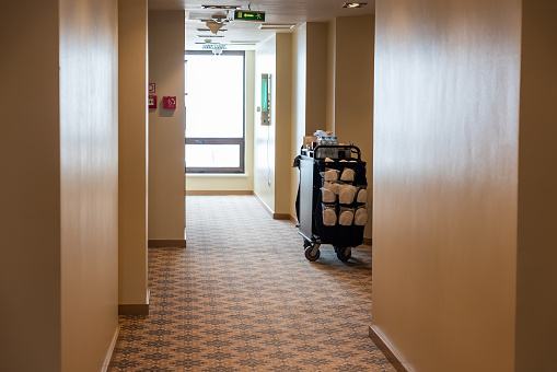 Long and dark hotel corridor. Indoor architectural Feature.