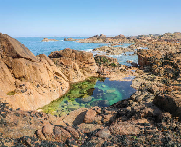 piscinas de maré azul das ilhas do canal de strong point jersey - jersey uk nature landscape - fotografias e filmes do acervo