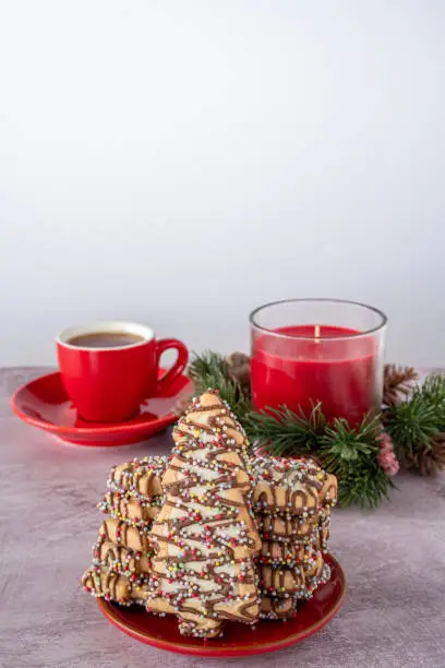 Christmas tree Cookies and Tea on Table with Copy SpaceVertical