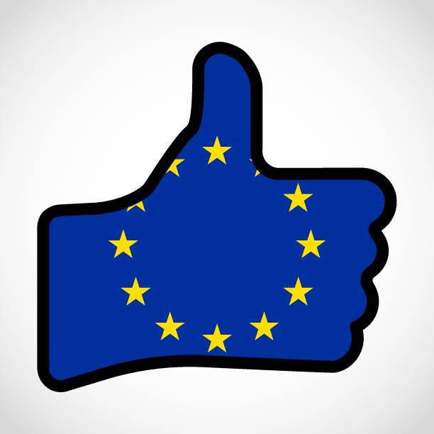 ilustrações, clipart, desenhos animados e ícones de bandeira da união europeia na forma de mão com polegar para cima, gesto de aprovação, que significa tipo, sinal de dedo vetorial, ilustração de design plano. - european union flag flag backgrounds star shape