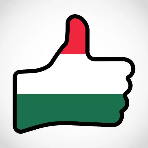 Vector illustration of Flag of Hungary in the shape of Hand with thumb up, gesture of approval, meaning Like, vector finger sign, flat design illustration.