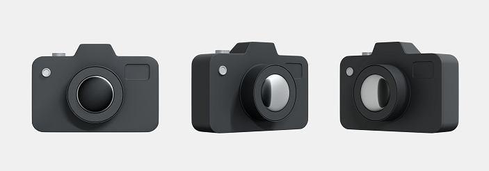 3D Photo camera set icon in realistic design. Professional photography equipment. Black camera with lens and button. Front view and angles. Creative design isolated on white background. 3D Rendering