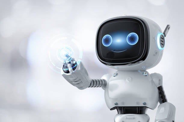 Small robot assistant work with graphic display stock photo