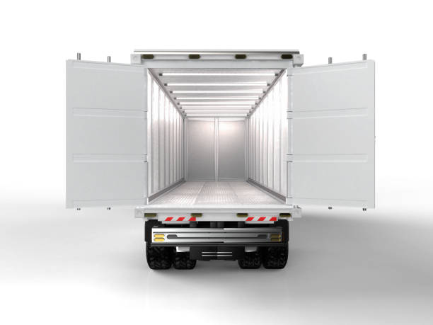 istock Logistic trailer truck or lorry with container opened on white background 1414699815