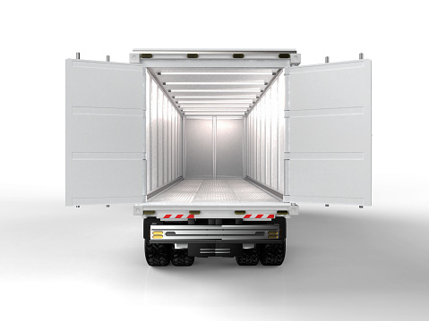 3d rendering logistic van trailer truck or lorry with container opened on white background