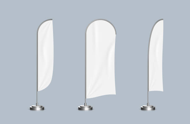 istock Realistic beach flags set. Template expo advertising banners with white canvas for branding and ads 1414700023