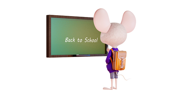 Cartoon schoolboy and chalkboard. Funny mouse is a schoolboy, standing at the blackboard in the classroom. Back to school concept, 3d Rendering