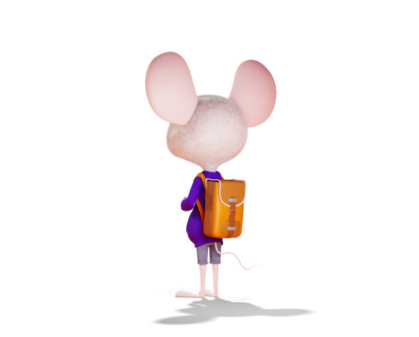 istock Cartoon mouse with a school backpack isolated on a white background. Back to School concept. Cartoon character schoolboy, rear view. 3d render. 1414702692