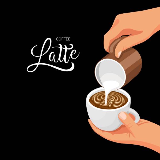 Coffee latte Vector illustration, barista hand making coffee latte art, isolated on dark background. barista stock illustrations