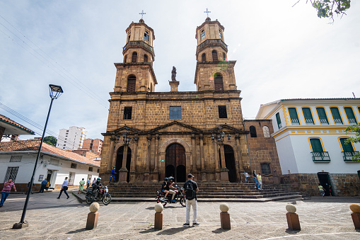 san gil, colombia. 9th august, 2022: san gil is a small town located in santander district. the church is the main atraction.