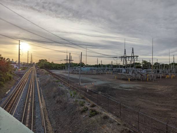 istock Rail right of way adjacent to power distribution yard 1414708876