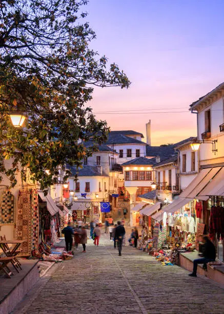 Gjirokaster, Albanian old town at dusk