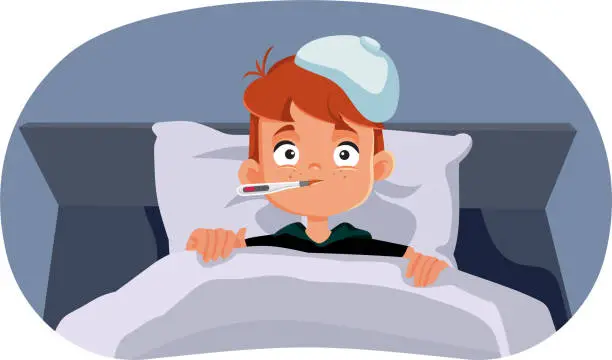 Vector illustration of Ill Child Having High Fever Vector Cartoon Illustration