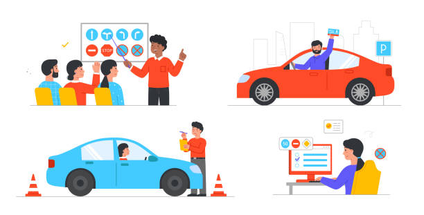 etap procesu kształcenia w szkole nauki jazdy - learning to drive stock illustrations