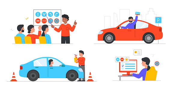 Stage of education process in driving school. Set of characters receive driver license, take online test, pass exam with instructor at circuit and study rules of road. Cartoon flat vector collection