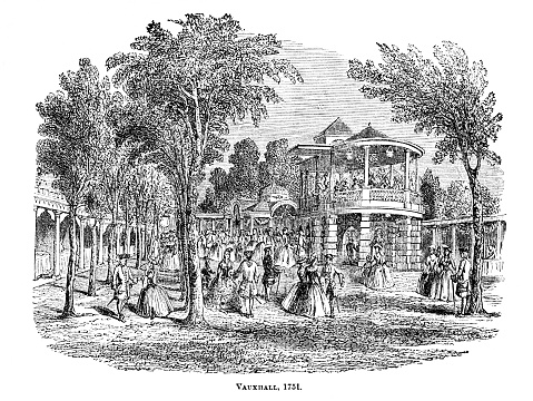 Musicians play in the bandstand while Londers socialize at Vauxhall Gardens in 1751. Illustration published 1863. Original edition is from my own archives. Copyright has expired and is in Public Domain.