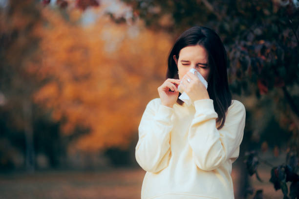 Woman Having Cold Symptoms and Running Nose from Autumn Allergies stock photo
