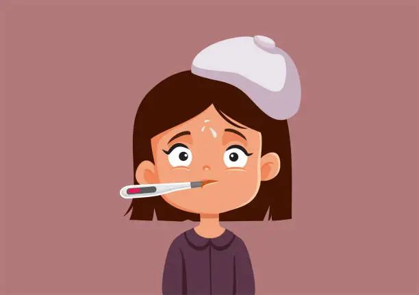 Vector illustration of Little Girl Feeling Ill Having High Fever Vector Illustration