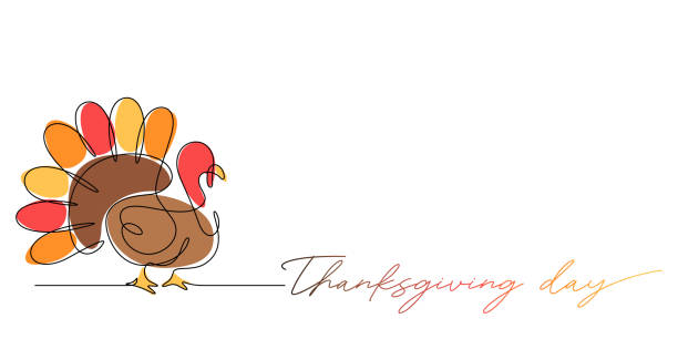 turkey in continuous line drawing style vector illustration turkey in continuous line drawing style vector illustration with thanksgiving day text for celebrate harvesting festival happy thanksgiving stock illustrations