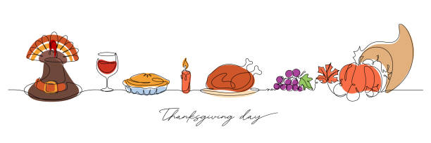 illustrations, cliparts, dessins animés et icônes de dessin au trait continu de l’illustration vectorielle de la table de célébration de thanksgiving - thanksgiving turkey illustrations