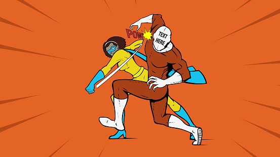 A retro pop art style vector illustration of a female African-American superhero punching a masked villain. Spaces available for your text. Put an idea you oppose on the mask.