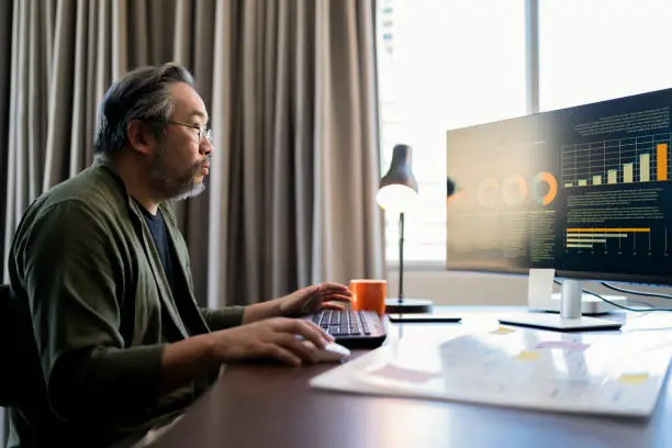 Mid adult man working at home on holiday,Home Office: a Happy Young Asian freelance creative man Working in the Comfort of His Home, Social Distancing Concept