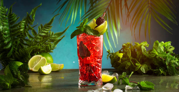 Red alcoholic cocktail with bitter, whiskey, soda, lime, mint and ice. Dark tropical background, copy space stock photo