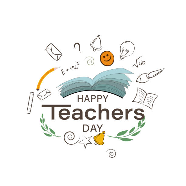 World teacher's day lettering. Greeting card. Teachers Day poster. Happy teacher's day Greeting card. Celebrate Teacher's Day with icon set of paper, book, pencil, heart shape, post card, light bulb, hat, smiley, aeroplane, umbrella etc. teacher appreciation week stock illustrations