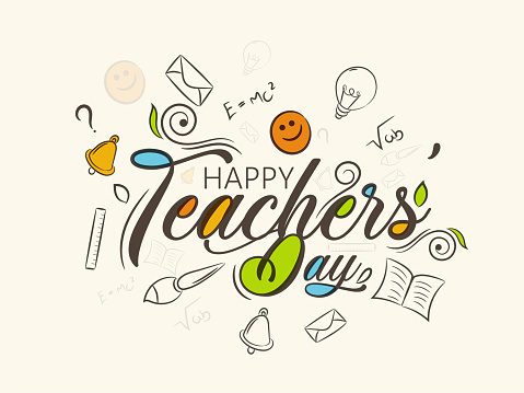 Happy teacher's day Greeting card. Celebrate Teacher's Day with icon set of paper, book, pencil, heart shape, post card, light bulb, hat, smiley, aeroplane, umbrella etc.