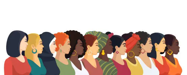 Vector illustration of Girl Power. Multi-ethnic group of beautiful women.
