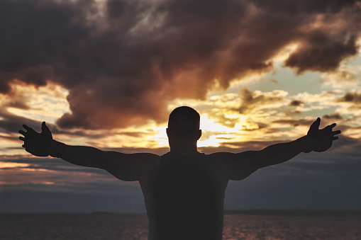 View from back of silhouette of athletic man with boxing gloves posing arms raised and biceps against sky at sunset. Sport, healthy lifestyle and fitness training concept. Copy space