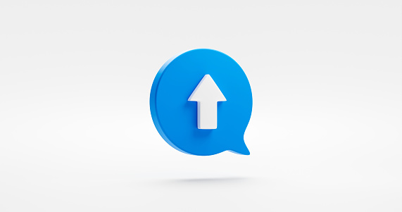 Increase up arrow icon isolated on white 3d development background with move forward direction message bubble symbol or simple navigation pointer interface and blue achievement growth positive chart.