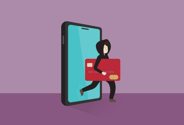 Hacker steals credit card data on a mobile phone Hacker steals credit card data on a mobile phone scam stock illustrations