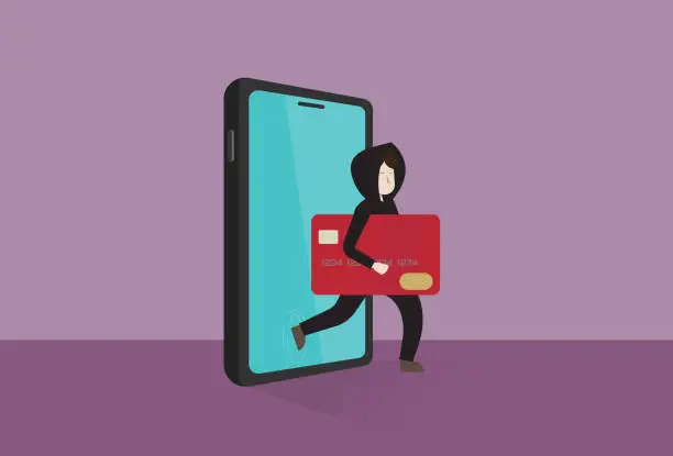 Vector illustration of Hacker steals credit card data on a mobile phone