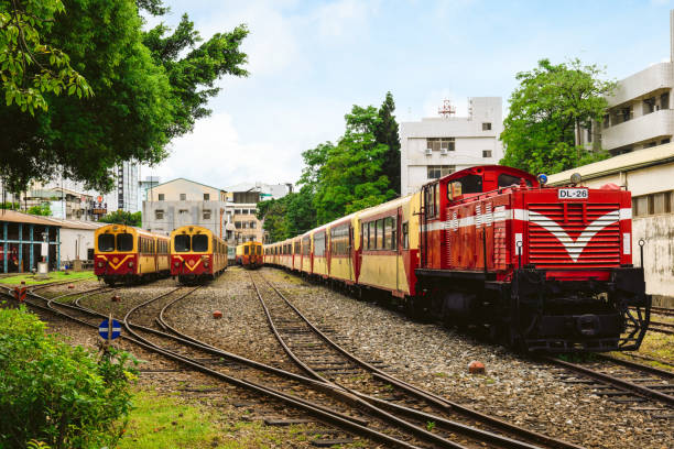 July 15, 2022: Alishan Forest Railway Garage Park, a railway workshop of Alishan Forest Railway in Chiayi, Taiwan, displays various display of trains like steam locomotives and diesel locomotives.