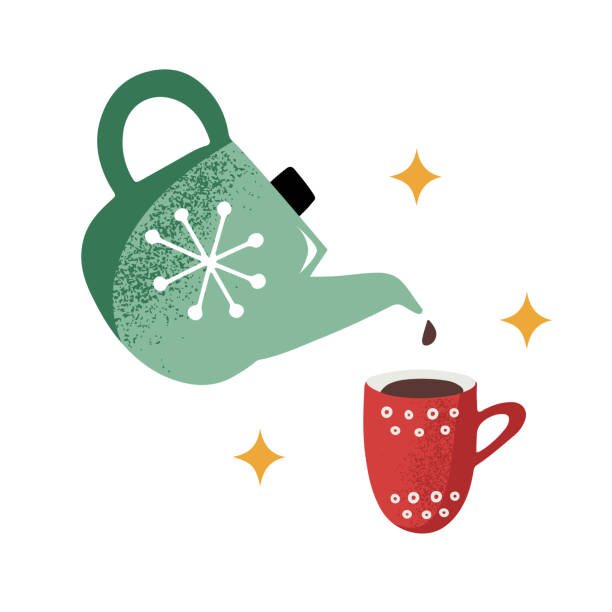 붉은 머그잔에 차나 커피를 붓는 찻주전자 - tea cup coffee cup teapot domestic kitchen stock illustrations