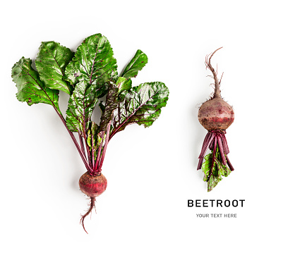 Beetroot with leaves set isolated on white background. Healthy eating and dieting food concept. Creative composition and layout. Top view, flat lay