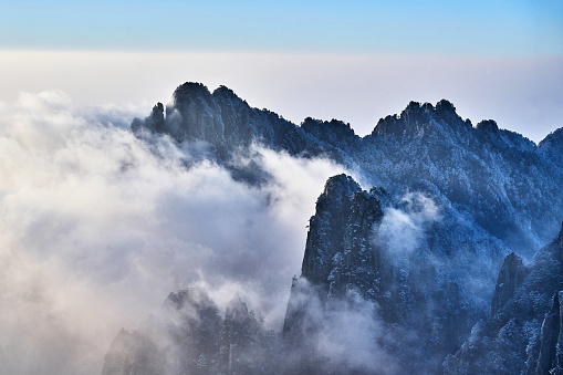 Aerial view of Huangshan mountain landscape at morning sunlight.