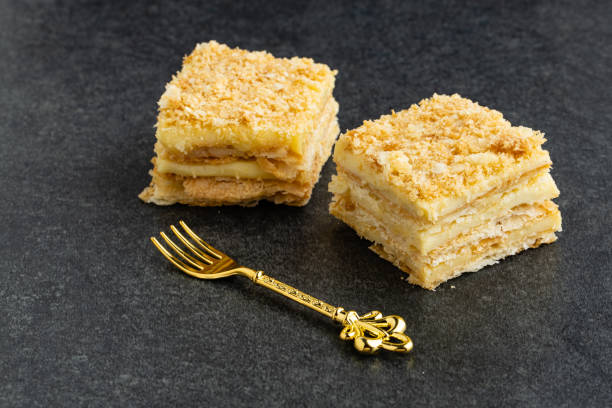 istock delicious Napoleon cake on stone table 1414743748