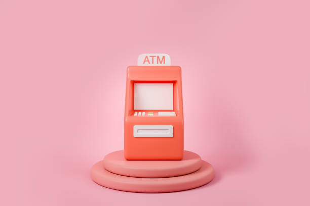 istock ATM bank on podium, pink background. Mockup display 1414744676