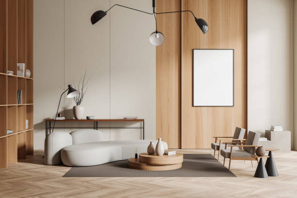 istock Lounge interior with couch, chairs and shelf with decoration, mockup frame 1414744770