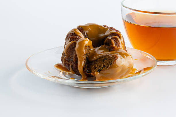 breakfast with chocolate brownie, caramel and tea cup