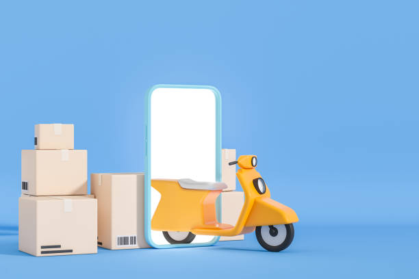 istock Delivery service scooter with smartphone and boxes. Mockup display 1414745581