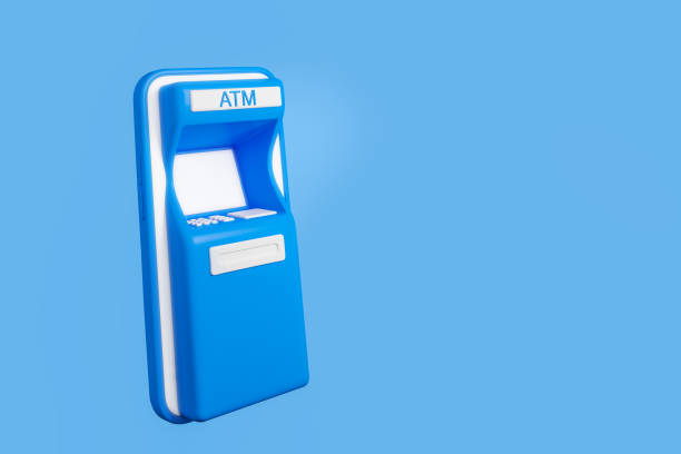 istock Smartphone and ATM bank on blue background. Mockup display 1414745719