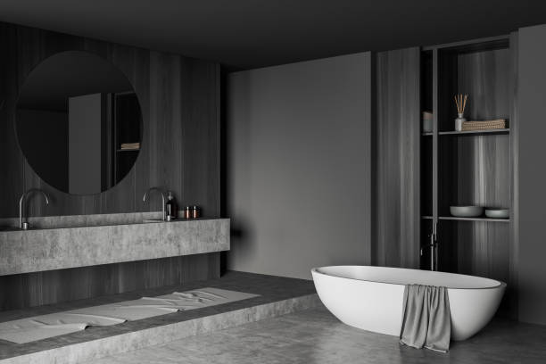 istock Grey bathroom interior with bathtub and washbasin. Mockup 1414745727