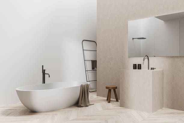 istock Light bathroom interior with bathtub and washbasin. Mockup empty wall 1414745732