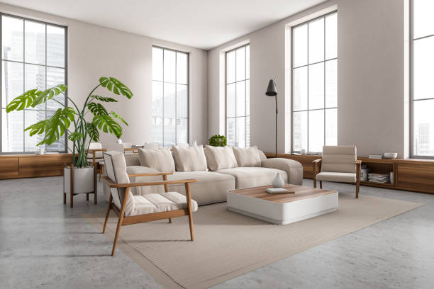 istock Light living room interior with chill and eating area, panoramic window 1414745818