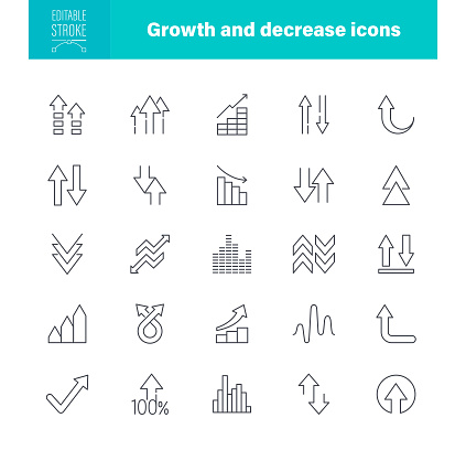 Increase and Decrease Icon Set. Editable stroke. The set contains icons as Growth, Arrow Symbol, Chart, Moving Up, Success