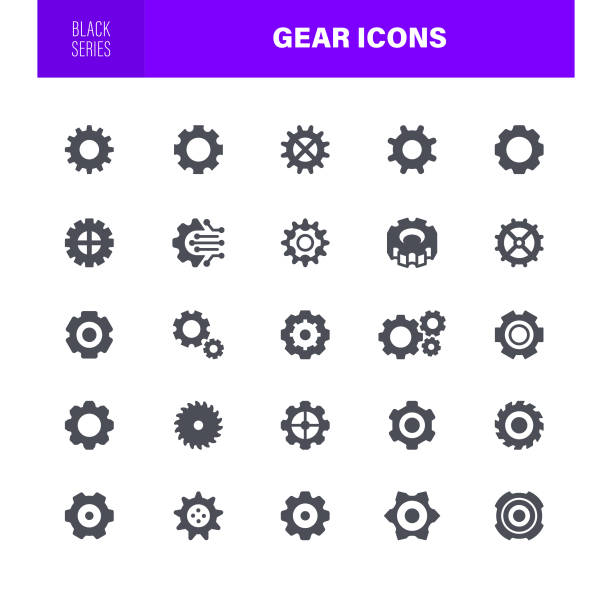 ilustrações, clipart, desenhos animados e ícones de ícones de engrenagem silhueta preta - gear bicycle gear equipment sprocket