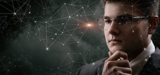 istock Man thinking on the background of network connection. 1414746962